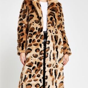 River Island Faux Fur Leopard Print Long Coat - Tan/Black